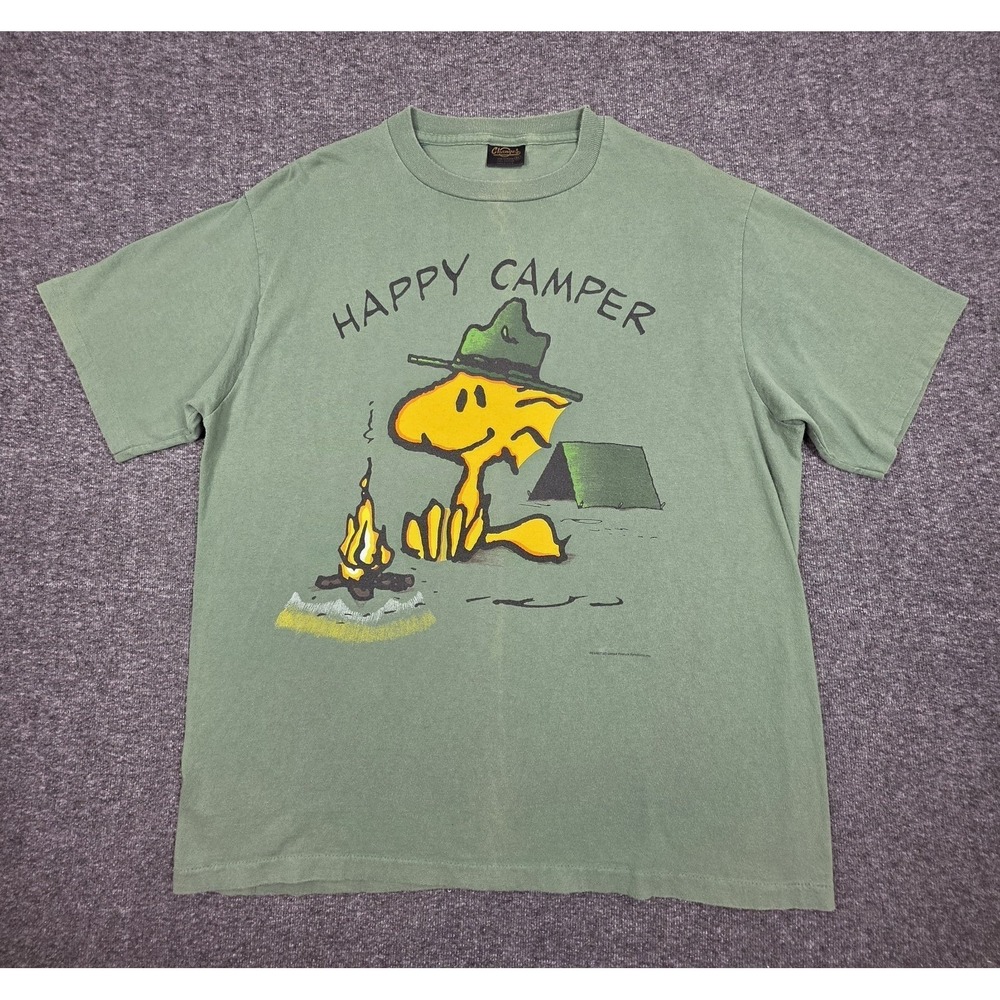 Vtg 90s Woodstock Peanuts Happy Camper T-Shirt Sz XL Green SingleStitch USA Made